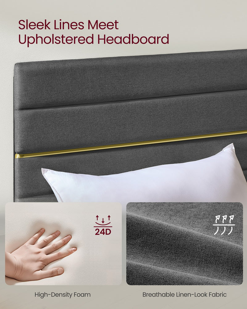 Small Double Bed Frame with Grey Upholstered Headboard For Modern Bedrooms VASAGLE