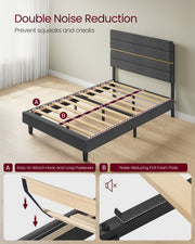 Small Double Bed Frame with Grey Upholstered Headboard For Modern Bedrooms VASAGLE