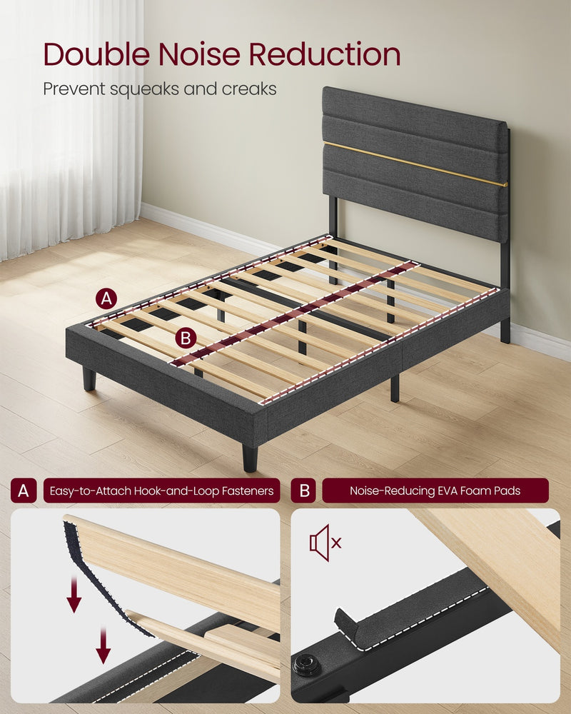 Small Double Bed Frame with Grey Upholstered Headboard For Modern Bedrooms VASAGLE