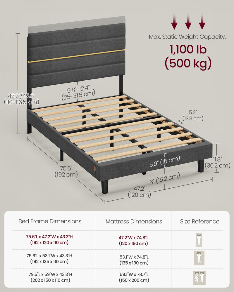 Small Double Bed Frame with Grey Upholstered Headboard For Modern Bedrooms VASAGLE