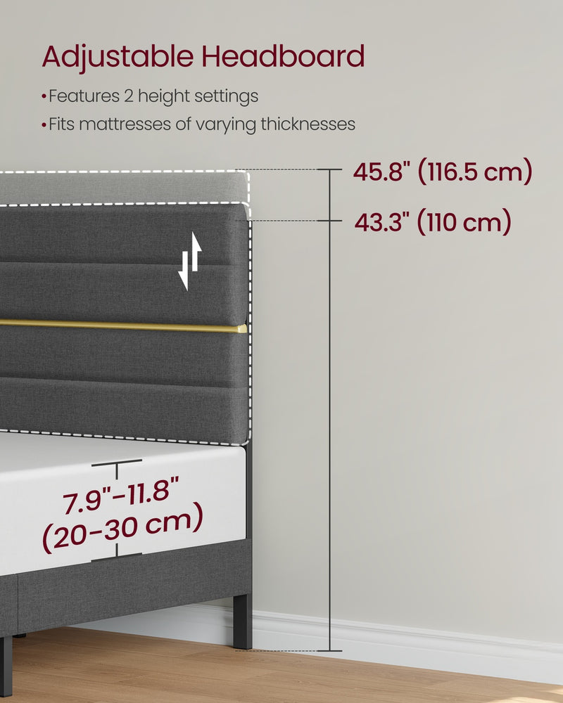Small Double Bed Frame with Grey Upholstered Headboard For Modern Bedrooms VASAGLE