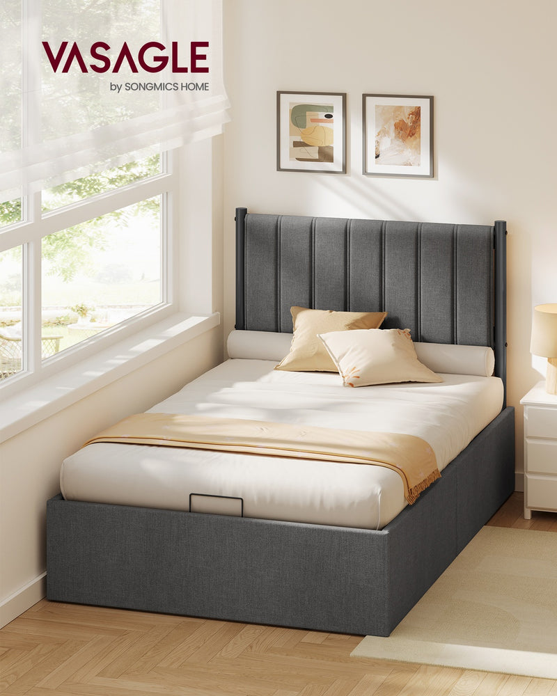 Small Double Ottoman Bed Frame with Lift Up Storage and Padded Headboard - Grey VASAGLE