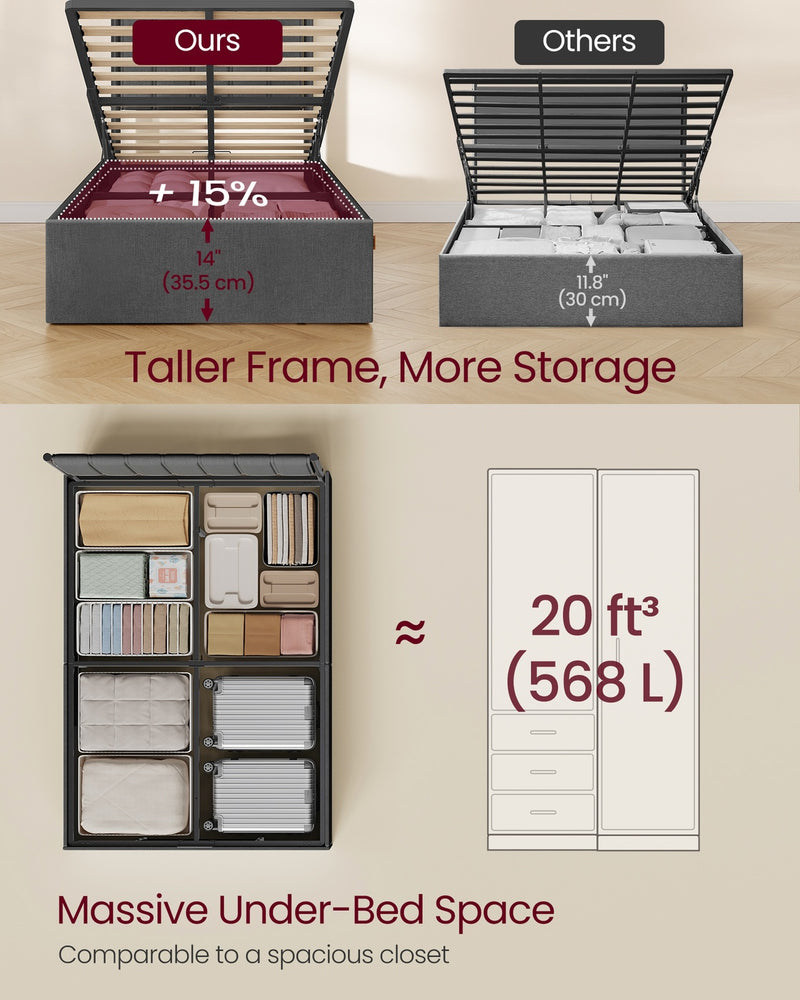 Small Double Ottoman Bed Frame with Lift Up Storage and Padded Headboard - Grey VASAGLE