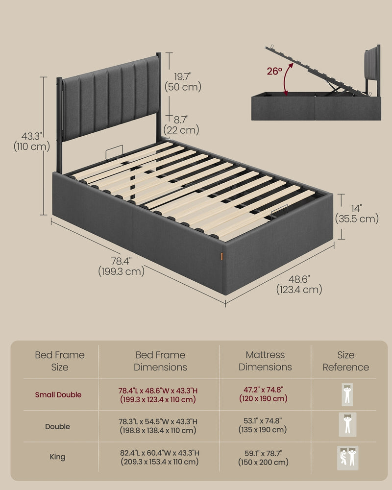 Small Double Ottoman Bed Frame with Lift Up Storage and Padded Headboard - Grey VASAGLE