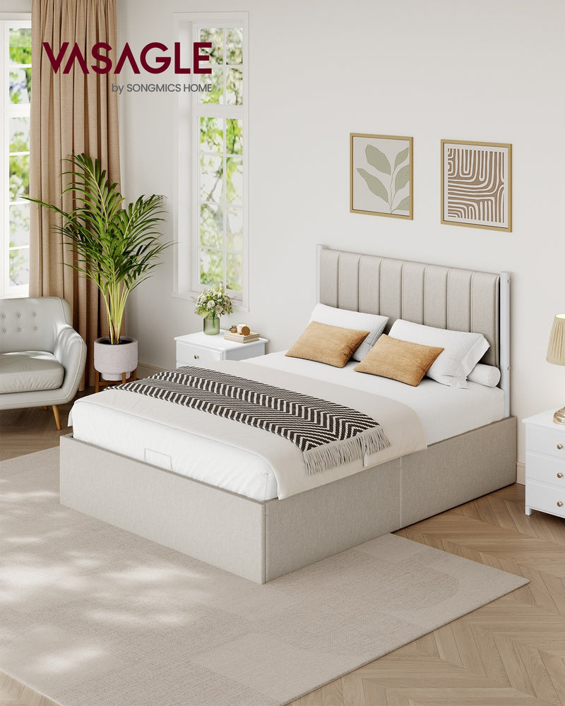 Double Ottoman Bed Frame with Lift-Up Storage and Upholstered Headboard 135x190cm Beige VASAGLE