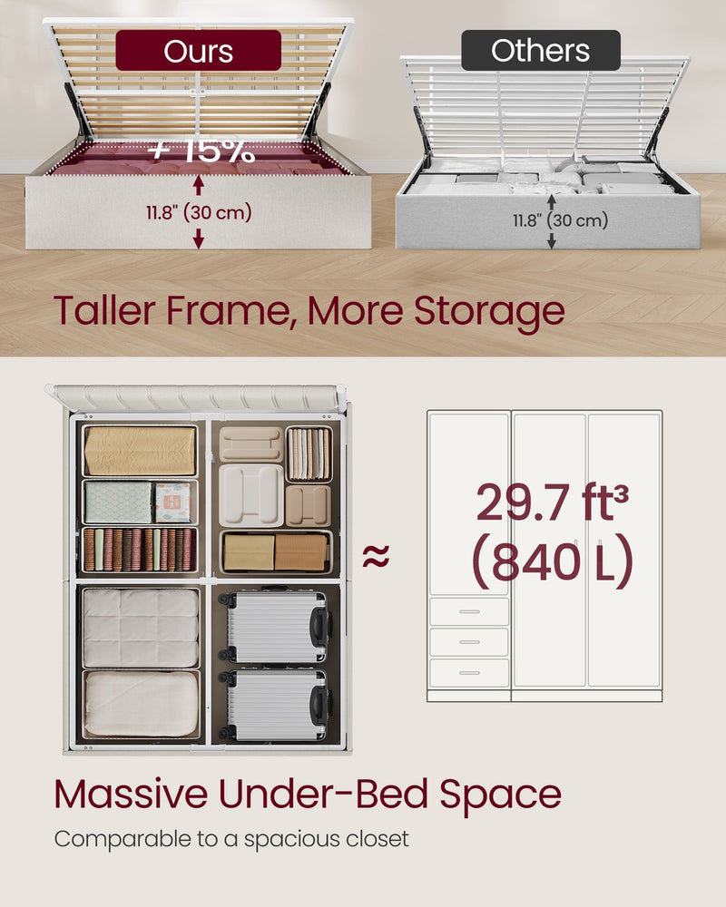 Double Ottoman Bed Frame with Lift-Up Storage and Upholstered Headboard 135x190cm Beige VASAGLE