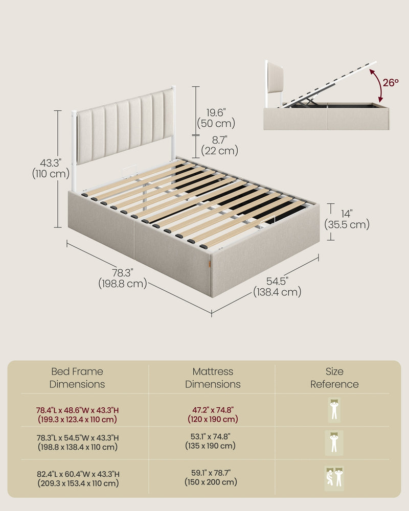 Double Ottoman Bed Frame with Lift-Up Storage and Upholstered Headboard 135x190cm Beige VASAGLE