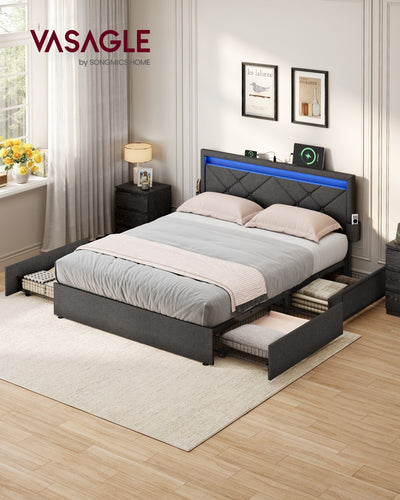 Bed Frame For Double Beds with LED Headboard USB Charging & Under Bed Drawers by Vasagle VASAGLE