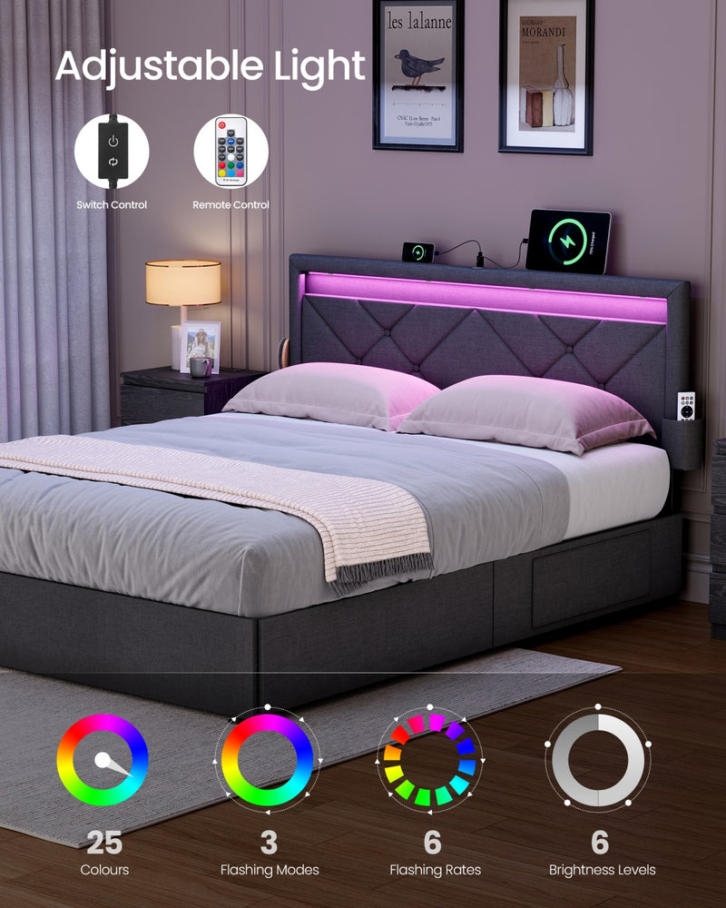 Bed Frame For Double Beds with LED Headboard USB Charging & Under Bed Drawers by Vasagle