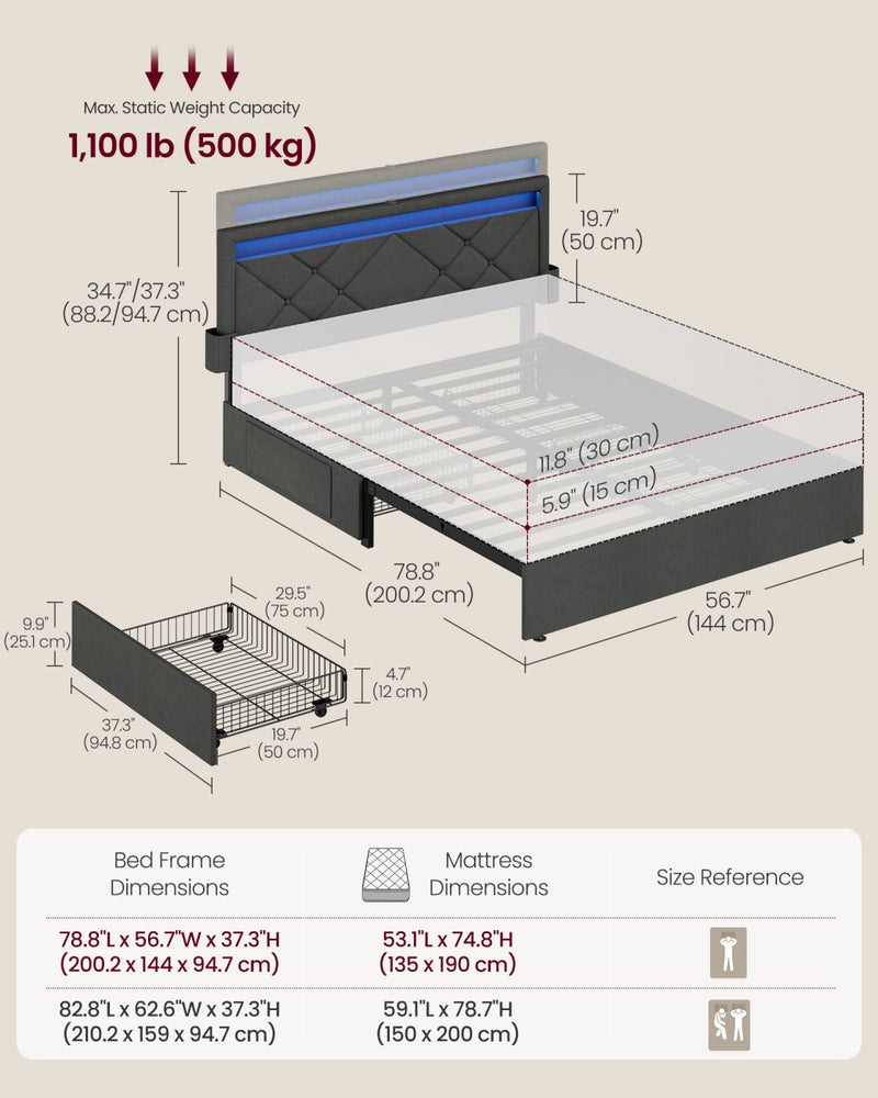 Bed Frame For Double Beds with LED Headboard USB Charging & Under Bed Drawers by Vasagle