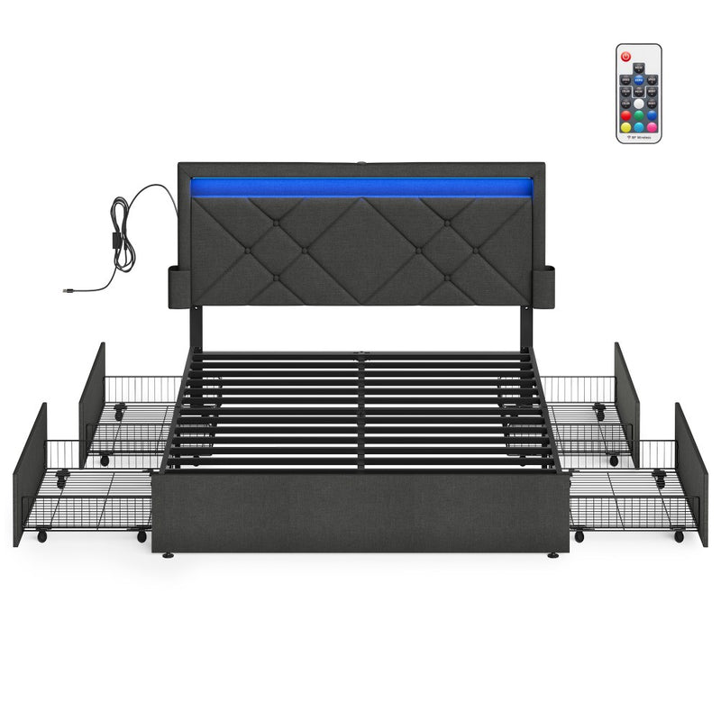 Bed Frame For King Size Beds with LED Headboard USB Charging & Under Bed Drawers by Vasagle VASAGLE
