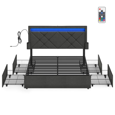 Bed Frame For King Size Beds with LED Headboard USB Charging & Under Bed Drawers by Vasagle VASAGLE