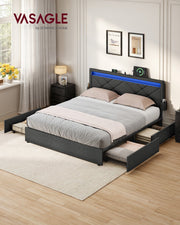 Bed Frame For King Size Beds with LED Headboard USB Charging & Under Bed Drawers by Vasagle VASAGLE