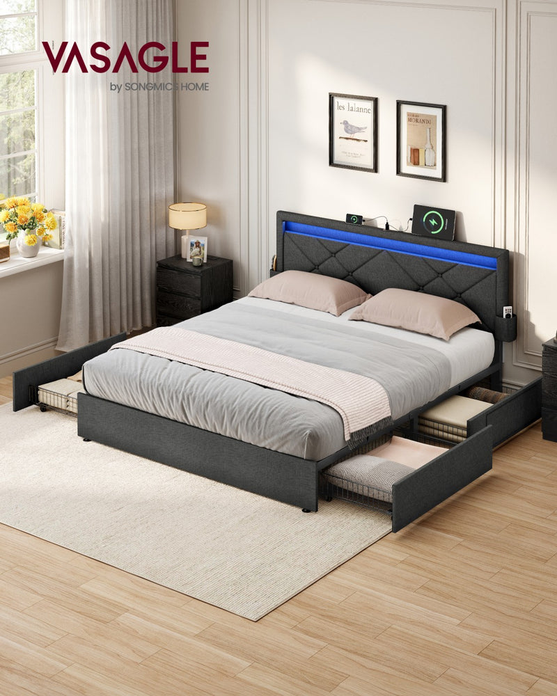 Bed Frame For King Size Beds with LED Headboard USB Charging & Under Bed Drawers by Vasagle VASAGLE