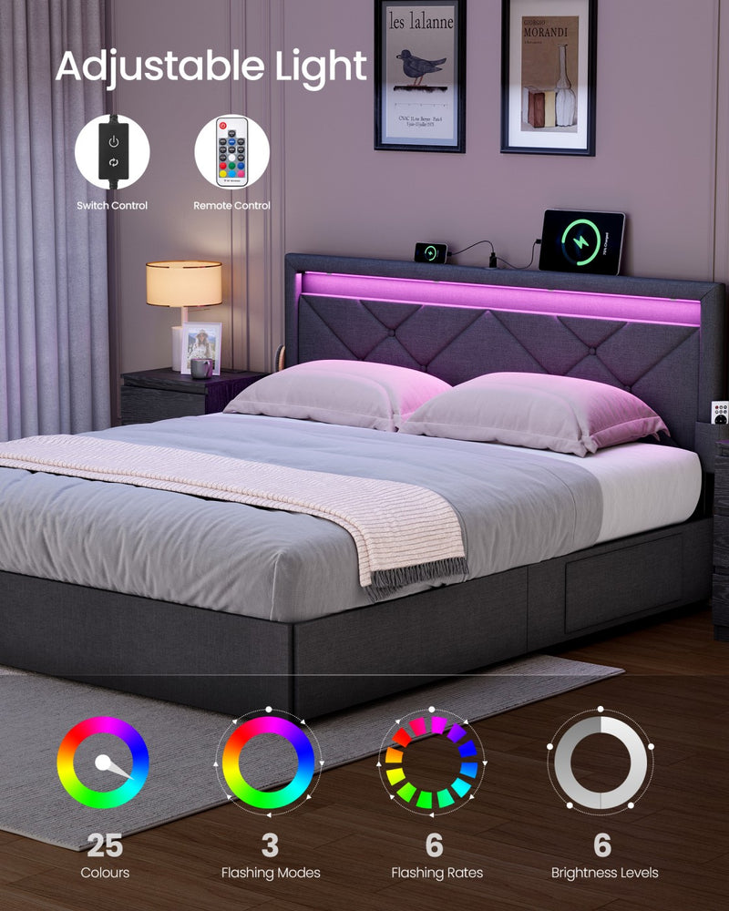 Bed Frame For King Size Beds with LED Headboard USB Charging & Under Bed Drawers by Vasagle VASAGLE