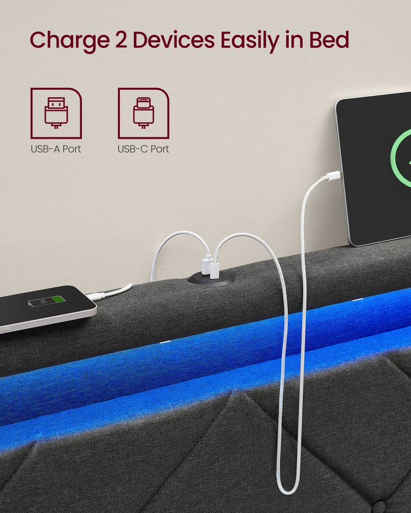 Bed Frame For King Size Beds with LED Headboard USB Charging & Under Bed Drawers by Vasagle VASAGLE