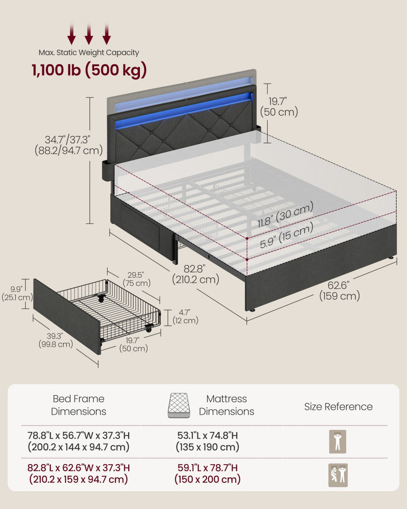 Bed Frame For King Size Beds with LED Headboard USB Charging & Under Bed Drawers by Vasagle VASAGLE