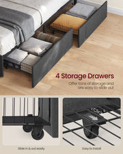 Bed Frame For King Size Beds with LED Headboard USB Charging & Under Bed Drawers by Vasagle VASAGLE