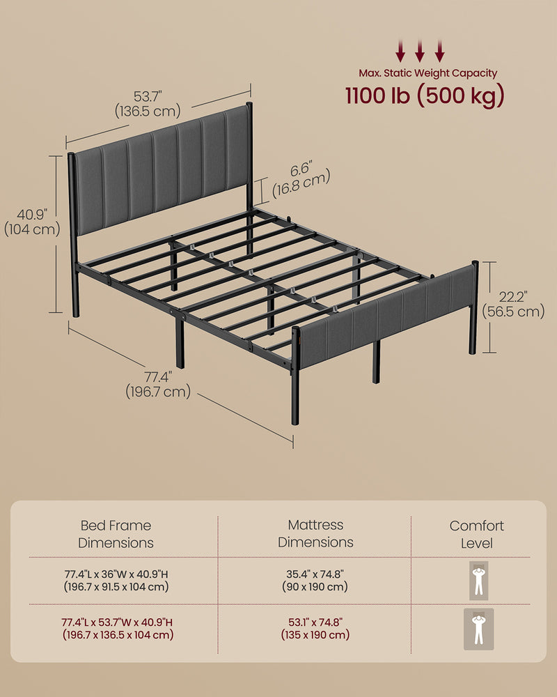 Double Metal Bed Frame with Upholstered Headboard and Quick Assembly by Vasagle