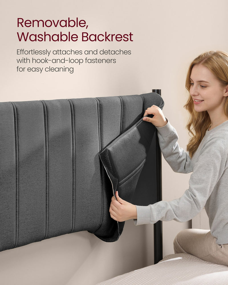 Bed Frame For King Size Bed With Grey Upholstered Headboard - Easy Assembly