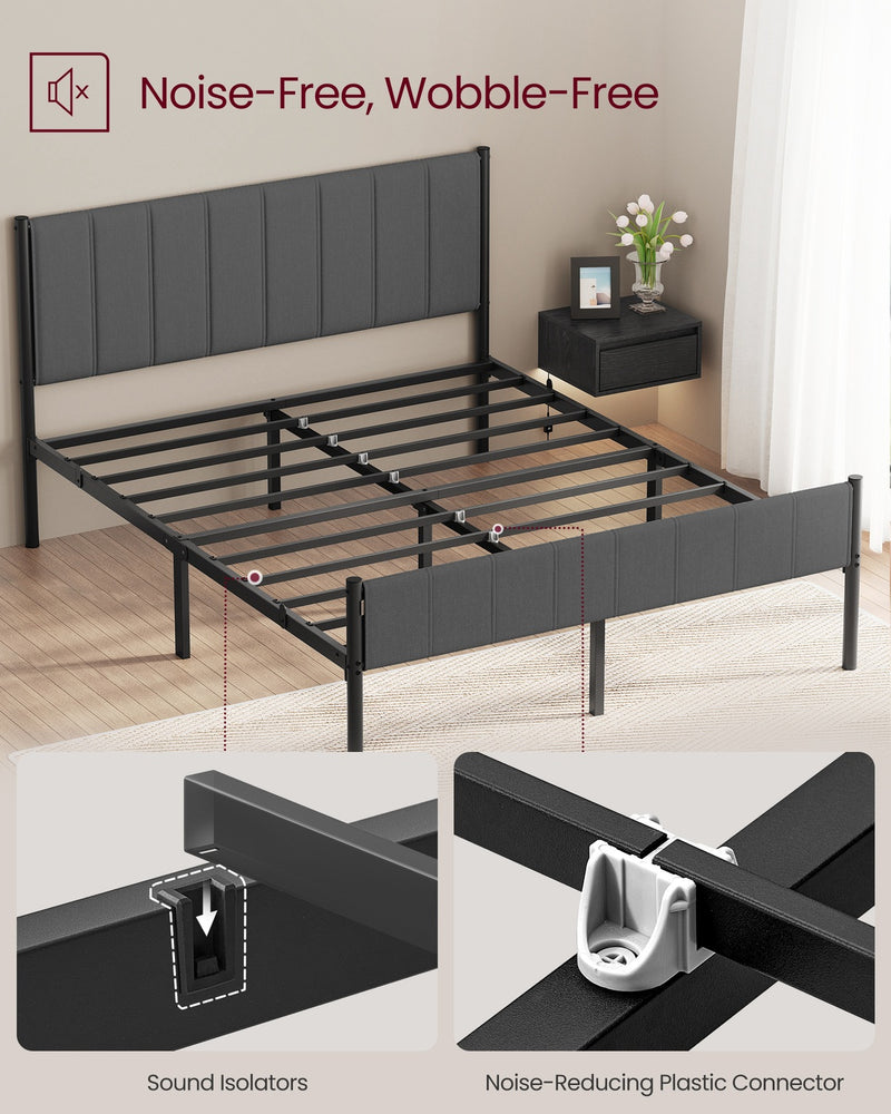 Bed Frame For King Size Bed With Grey Upholstered Headboard - Easy Assembly
