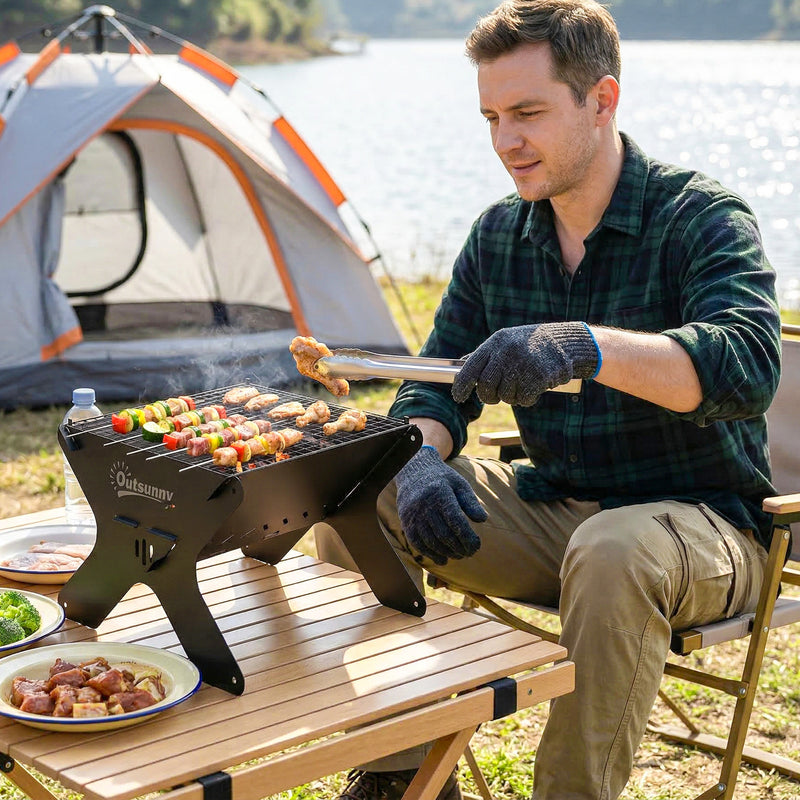 Portable Charcoal BBQ Grill and Fire Pit for Camping and Garden Gatherings Black Outsunny