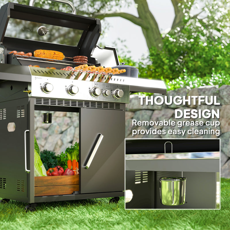 Black 4+1 Burner Gas BBQ Grill with Clear View Lid and Side Table for Outdoor Cooking by Outsunny
