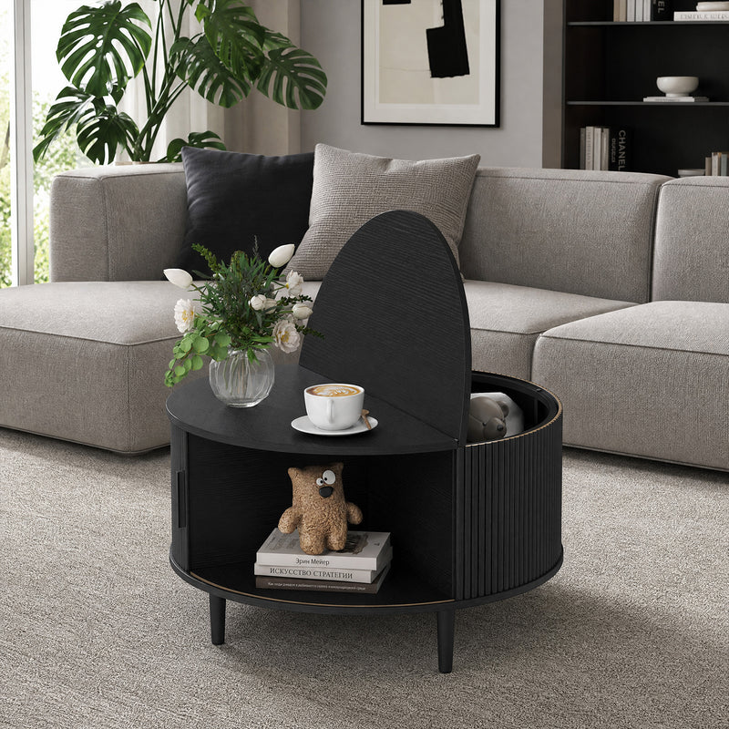 Round Coffee Table with Hidden Storage for Safer Family Living Room Black Wood Effect