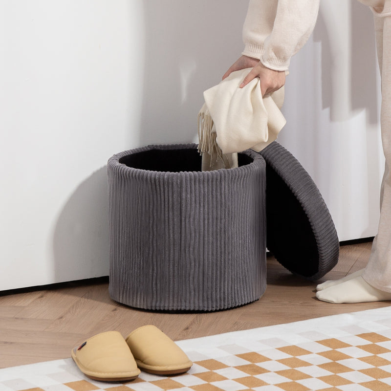 Grey 40cm Round Storage Ottoman Corduroy Footstool with Removable Lid and Legs by HOMCOM