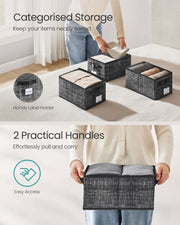 Set of 3 Collapsible Storage Boxes 15 cm High in Ink Black Fabric by Songmics