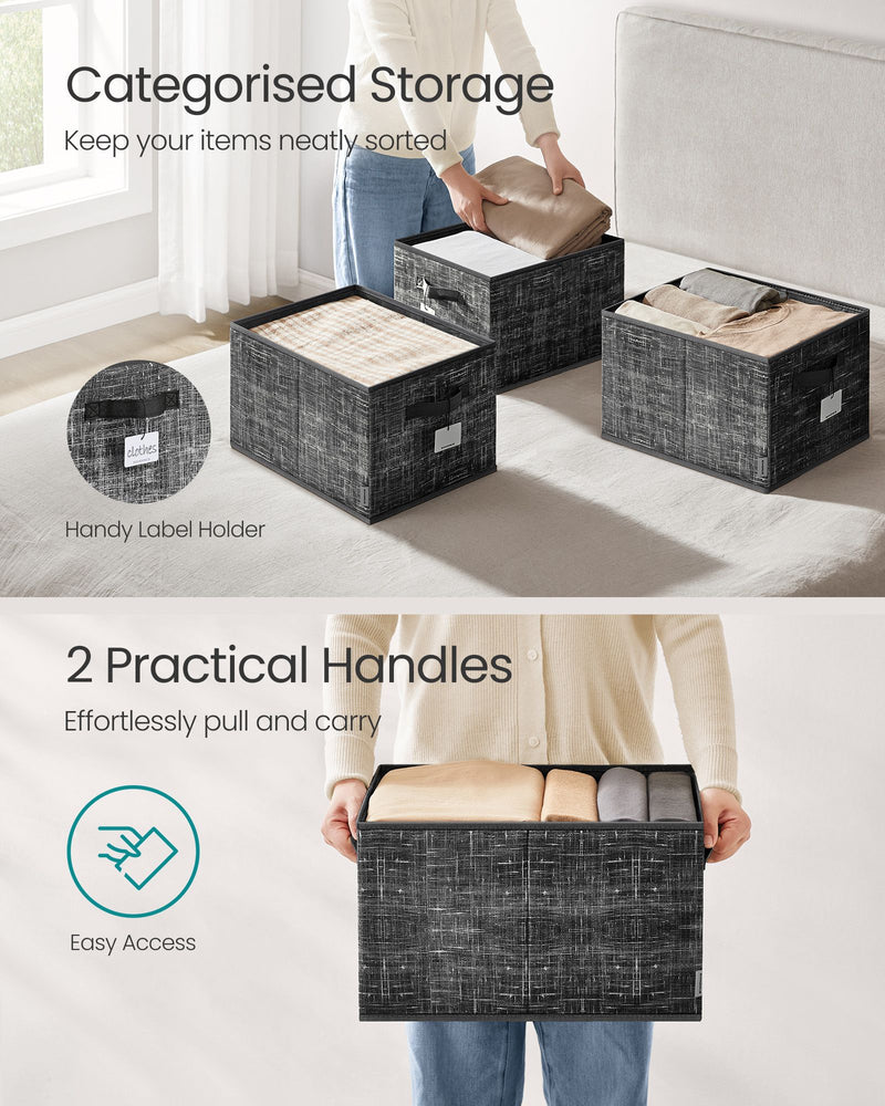 Set of 3 Collapsible Storage Boxes 24 cm High in Ink Black Durable and Space Saving by Songmics