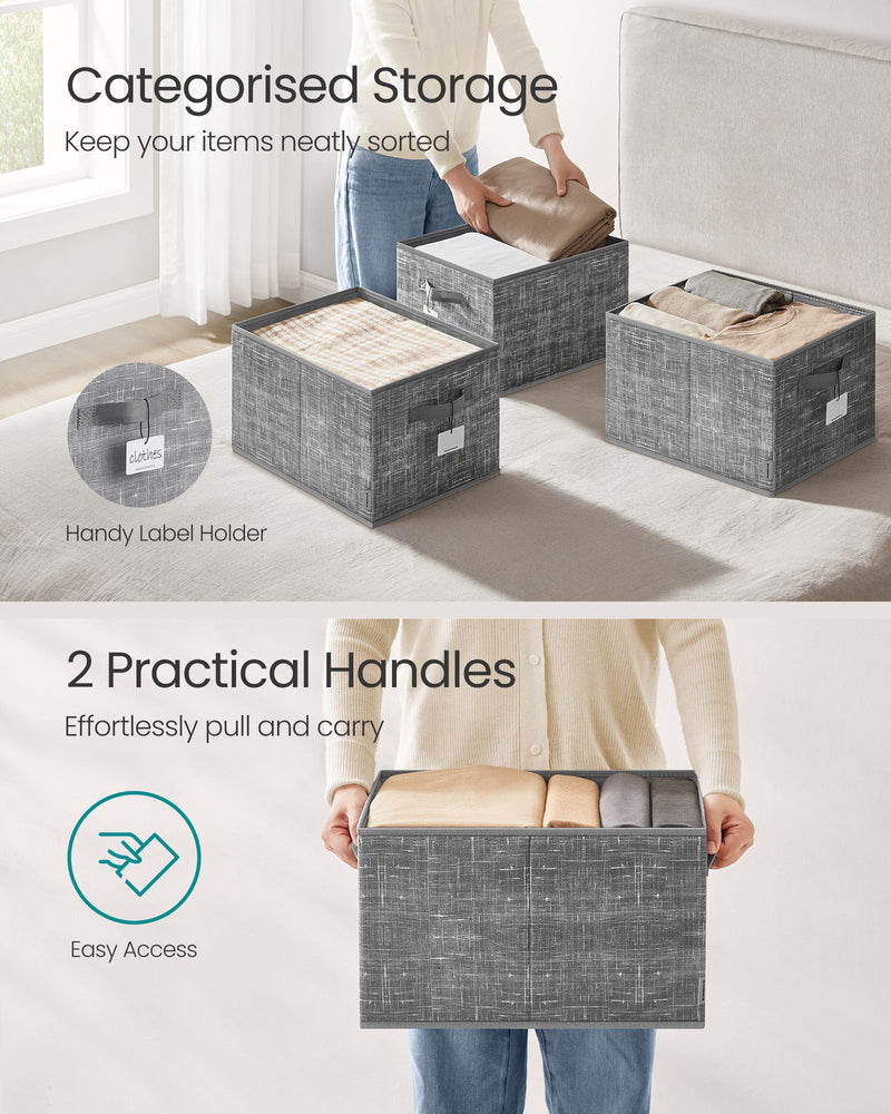 Set of 3 Collapsible Cattail Storage Boxes 24 cm High in Grey for Home Organisation by Songmics