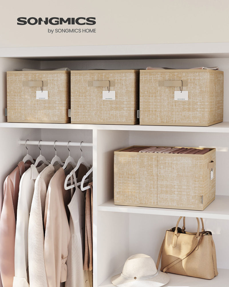 Set of 3 Collapsible Fabric Storage Boxes 24 cm High in Sand Beige by Songmics