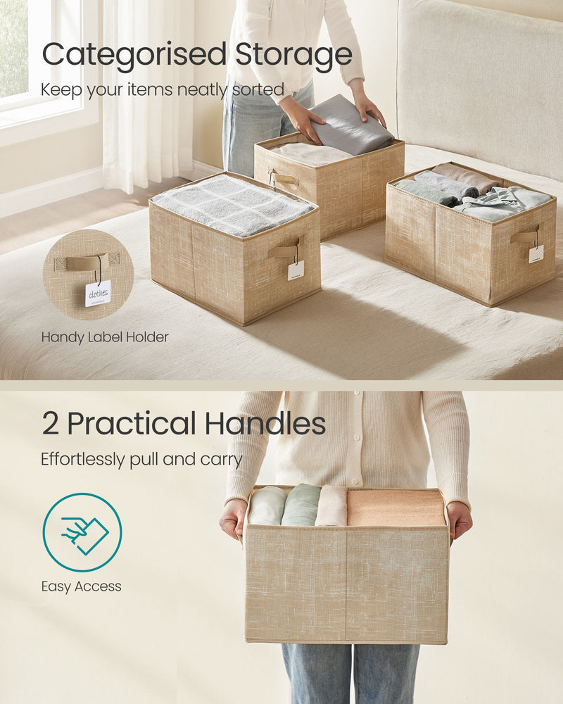 Set of 3 Collapsible Fabric Storage Boxes 24 cm High in Sand Beige by Songmics