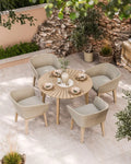 Roma 4 seater round terrazzo dining set with four Eden Dawn rope chairs