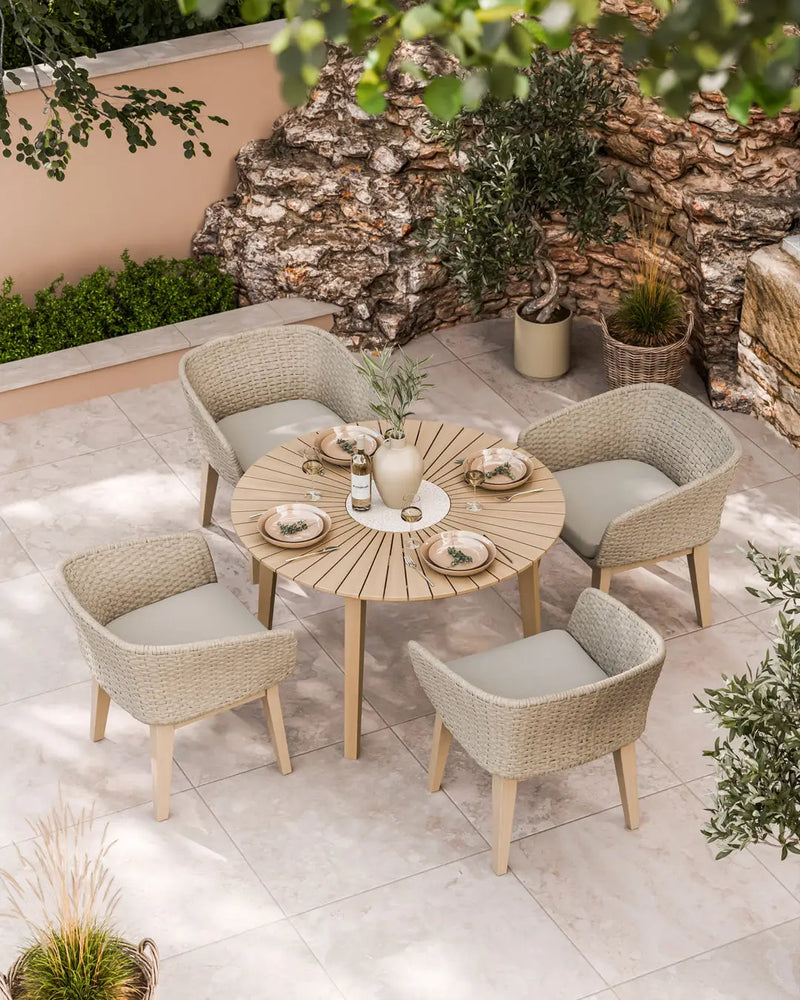 Roma 4 seater round terrazzo dining set with four Eden Dawn rope chairs