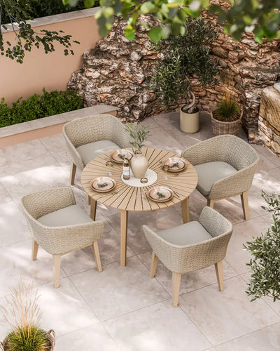 Roma 4 seater round terrazzo dining set with four Eden Dawn rope chairs