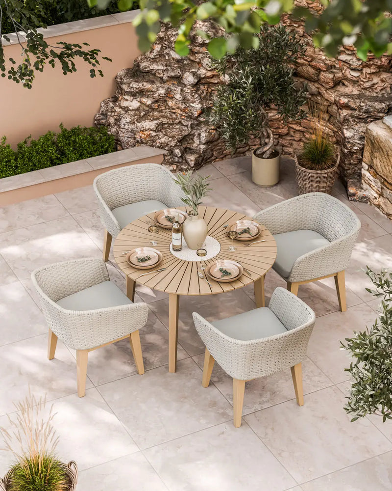Roma 4 seater round terrazzo dining set with four Eden Dusk rope chairs