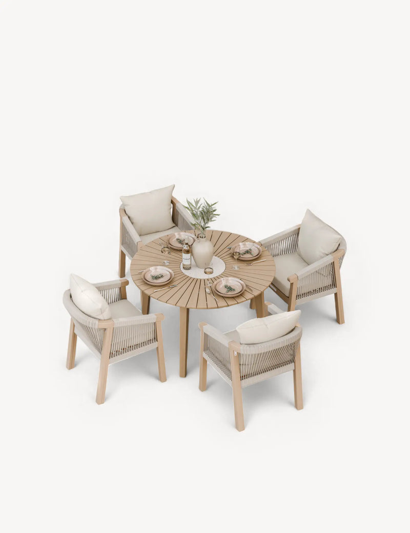 Roma round terrazzo dining table with four rope chairs