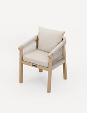 Side view of the Roma acacia dining table and rope chairs