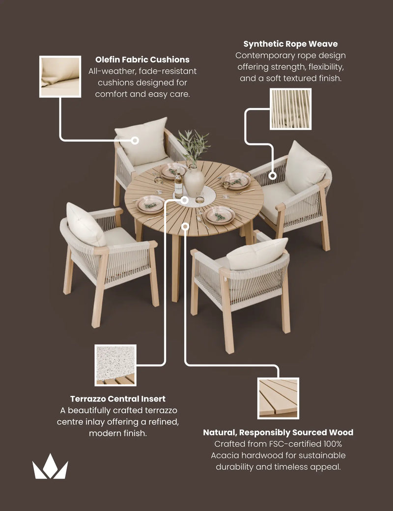 Roma 4 seater round terrazzo dining set in a garden setting