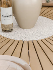 Roma round acacia sunray table with terrazzo insert and Sol dining chairs