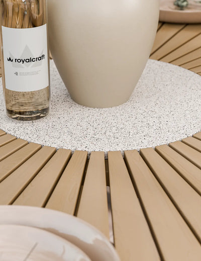 Roma round acacia sunray table with terrazzo insert and Sol dining chairs