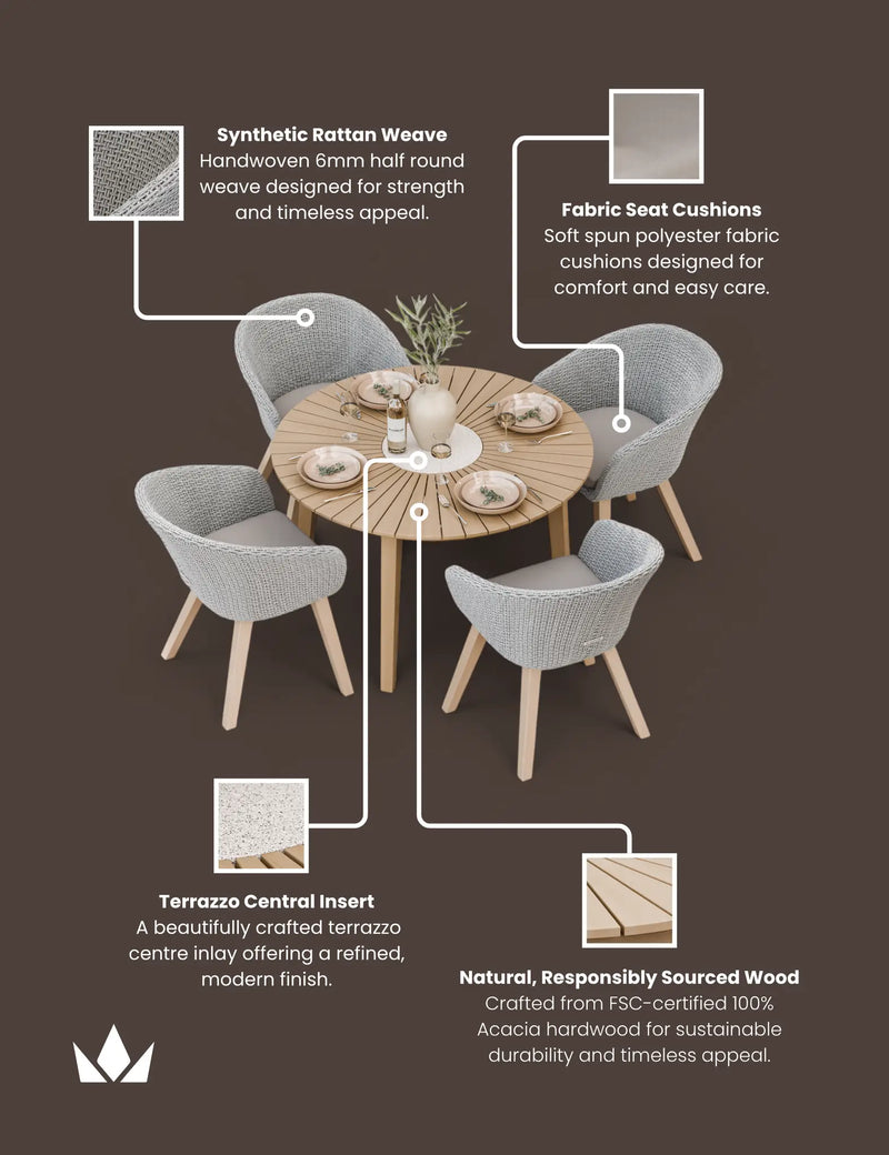 Roma 4 seater terrazzo dining set with Sol chairs in a garden