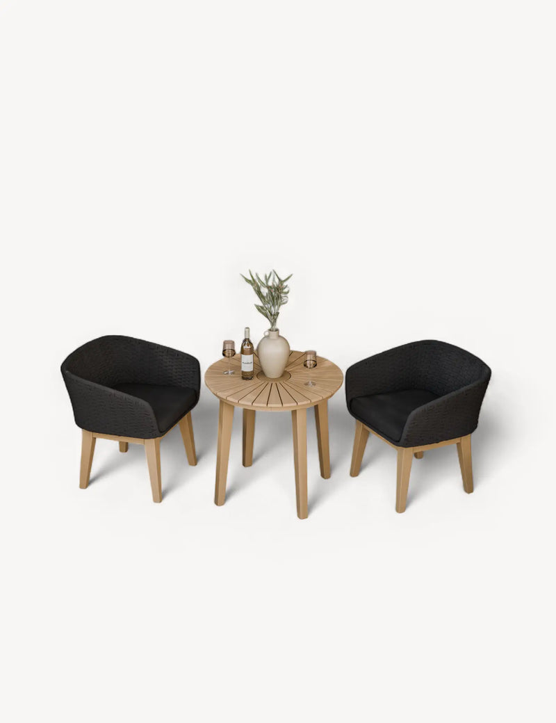 Roma round sunray bistro table with two Eden Night chairs