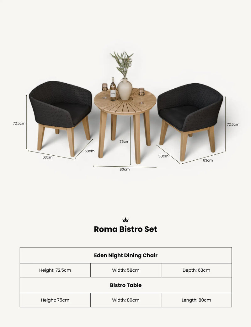 Roma 2 seater bistro set with black chairs on decking