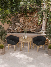 Roma 2 seater round garden bistro set from above, 80cm sunray table with two black Eden Night chairs