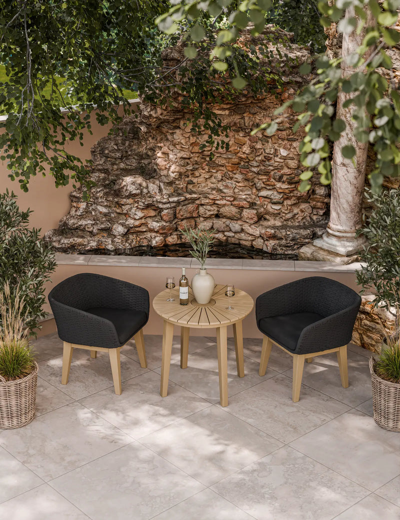 Roma 2 seater round garden bistro set from above, 80cm sunray table with two black Eden Night chairs