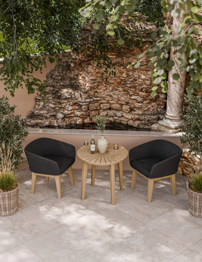 Roma 2 seater round garden bistro set from above, 80cm sunray table with two black Eden Night chairs