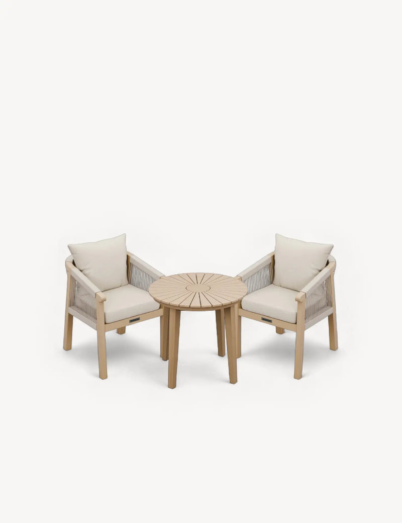 Roma round sunray bistro table with two rope chairs